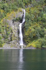 Small Waterfall between colorful tree and plants in Gudvangen, Norway