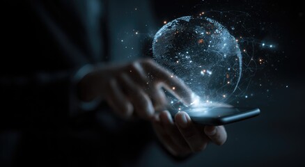 Businessperson interacting with a holographic earth on a smartphone