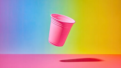 Pink plastic cup levitating against a gradient background