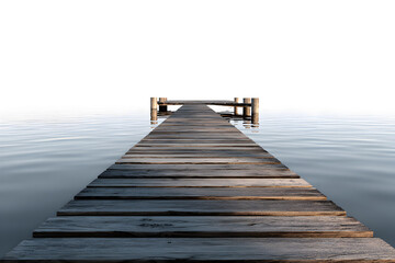Fototapeta premium Wooden pier extending over calm lake with smooth water reflections, isolated on transparent background