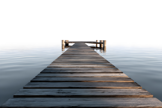 Wooden pier extending over calm lake with smooth water reflections, isolated on transparent background