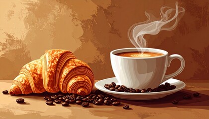 A steaming cup of coffee with a golden croissant and scattered coffee beans on a rustic background