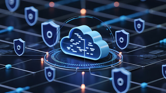 Cloud computing security concept with shield icons surrounding a cloud symbol, representing data protection, cybersecurity, and secure network infrastructure