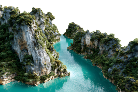Karst canyon landscape with turquoise river winding through cliffs, isolated on transparent background
