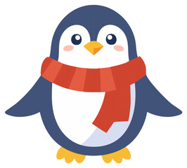 Fototapeta premium Cute penguin cartoon wearing a winter scarf, cheerful arctic bird illustration with seasonal clothing for cold weather design