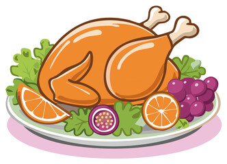 Festive roasted turkey illustration for a holiday feast with delicious fruit and vegetable garnish on a platter