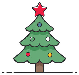 Stylized Christmas tree with red star ornament and colorful baubles festive evergreen vector illustration