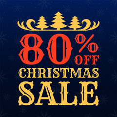 Christmas sale banner. 80 percent price off. Xmas discount label, sticker or icon. Christmas season promotion card design. Vector illustration.
