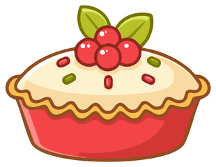 Festive Red Berry Tart with Cream Filling and Green Leaves