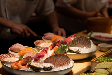 Assorted sushi platter with fresh seafood and vibrant colors on display