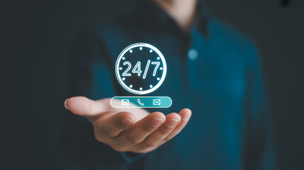 Always available customer service icon with contact options displayed on a hand