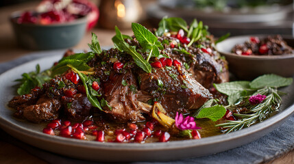 Slow Baked Lamb with Olive Tapenade and Pomegranate Garnish on Rustic Plate