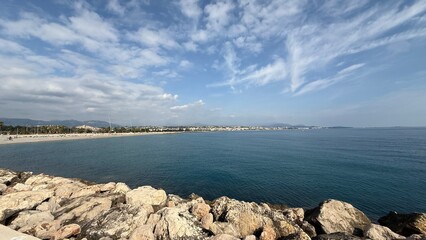 The beach at Cagnes-sur-Mer, France. Hotels are visible in the background.
