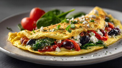 Fototapeta premium Mediterranean Omelette with Feta Cheese, Olives, Spinach, and Tomatoes for Healthy Meal