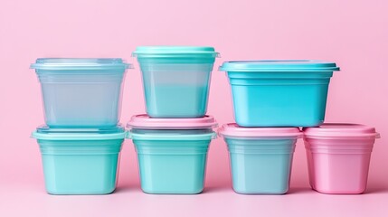 Colorful stack of plastic meal containers with clear lids arranged neatly against a soft pink background for a modern kitchen aesthetic