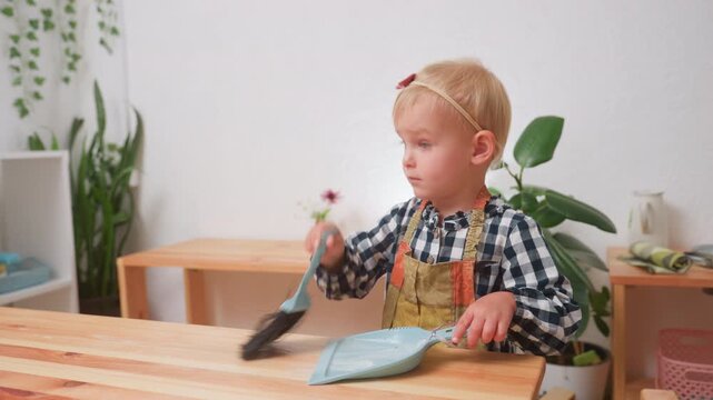 Beautiful child in checkered shirt and apron carefully using brush to sweep flour into blue parker on wooden table inside bright kindergarten with plants, shelves, and utensils