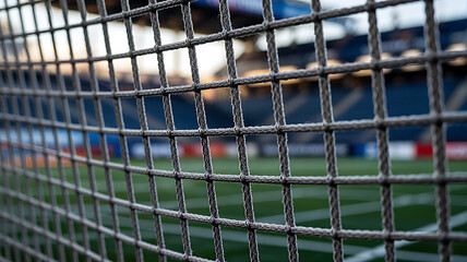 Obraz premium A closeup view of a soccer net, focusing on the intricate details of the mesh against the backdrop of a stadium field and blurred stands