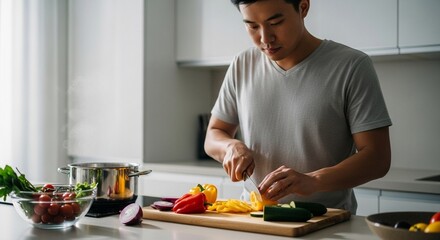 Young man cooking at home kitchen light chopping fresh vegetables for healthy lunch