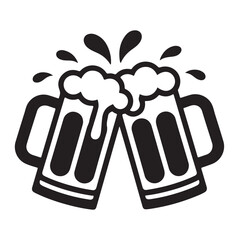 Two beer mugs clinking with foam in black silhouette