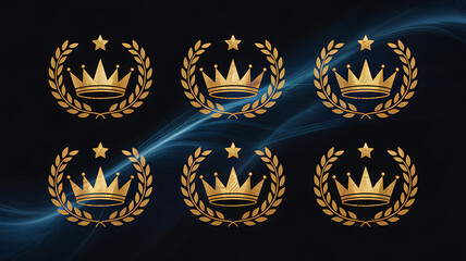 A regal emblem featuring golden crowns, stars, and laurel wreaths, symbolizing victory, achievement, and premium quality on a dark background