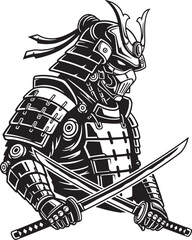 Samurai Warrior in Traditional Armor Holding Katana Swords – Black and White Vector Illustration
