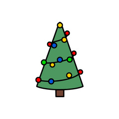 Simple Christmas tree illustration with colorful string lights, festive green holiday decoration on clean white background, winter celebration art