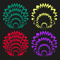 Abstract flower shapes. Colorful geometric bloom. Petal star Vector. Dark background elements.