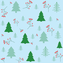 Seamless winter pattern with green Christmas trees and red berries on a light blue background. Perfect for holiday wrapping paper, cards, textiles, and festive decorations. Vector illustration.