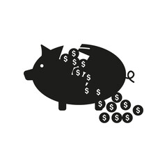 Broken piggy bank. Money savings concept. Bitcoin crypto coins Vector. Financial crisis image.