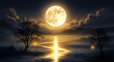 A serene night scene with a luminous full moon reflecting on water.