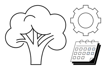 Tree, gear, calendar combined to symbolize nature, innovation, and organization. Ideal for environment, sustainability, productivity planning efficiency growth time management. Simple flat