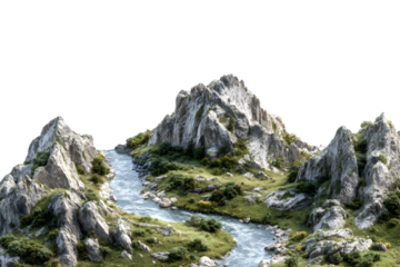 Miniature mountain landscape with winding river and rocky peaks, isolated on transparent background