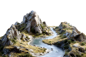 Miniature mountain landscape with winding river and rocky peaks, isolated on transparent background