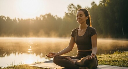 Fototapeta premium Outdoor yoga by the lake peaceful morning practice with calm water and soft sunrise light