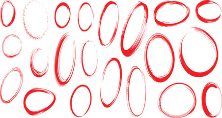 Hand-drawn red marker circles, abstract sketch rings, bold oval highlights, scribble shapes for annotation, design and presentation use