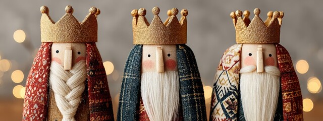 Close-up portrait of Three Wise Men in decorated robes with golden crowns, holding gifts of gold, frankincense, and myrrh, Epiphany / Three Kings&rsquo; Day celebration concept
