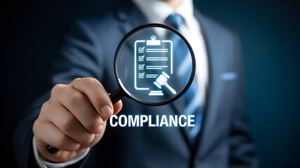 Professional examining compliance checklist with gavel icon magnified for legal review and accuracy