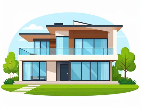 Vector illustration of a modern two-story family house with a balcony and panoramic windows, surrounded by a green lawn on a sunny day