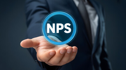 Professional businessman presents NPS Net Promoter Score concept with glowing icon for customer loyalty