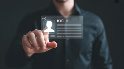 Man interacts with digital KYC verification screen for secure identity confirmation and onboarding processes