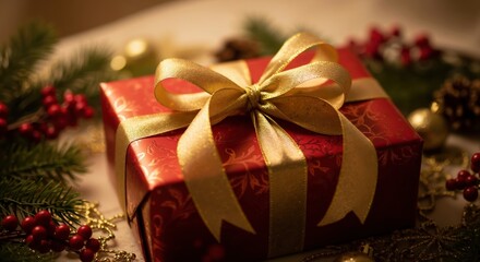 Close-up of a red Christmas present with a shiny gold bow. Festive holiday background with fir branches and ornaments