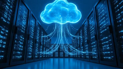 A glowing blue digital cloud uploads and downloads data in a futuristic server room representing cloud computing technology and big data storage solutions - Powered by Adobe