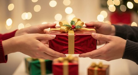 Close-up of hands exchanging a Christmas gift. People sharing a red and gold wrapped present during the holidays. Festive celebration concept with a bokeh lights background