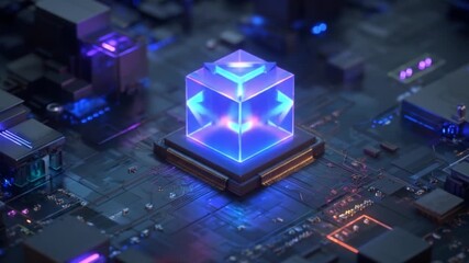 Abstract digital cube with arrows on computer motherboard background - Powered by Adobe