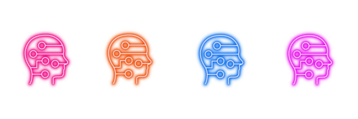 Neon glowing circuit brain vector icons set, artificial intelligence, machine learning, digital mind, future, thinking, vibrant illustration on transparent background.