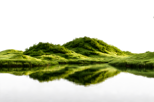 River delta landscape surrounded by lush green meadows, isolated on transparent background