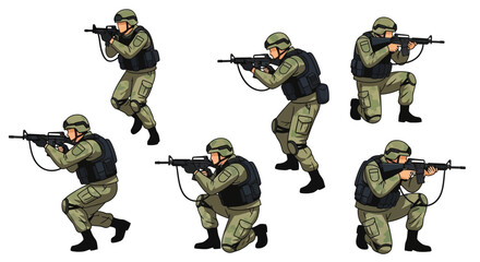Fototapeta premium Military soldier character in various combat action poses, crouching and aiming a rifle. A set of cartoon vector illustrations
