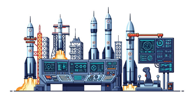 Rocket Launch Control Center Pixel Art Illustration Depicting Space Exploration and Technology