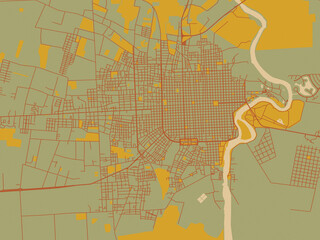 Decorative flat city map of Gualeguaychu, Argentina using olive backdrop with warm rust street network and ochre blocks.