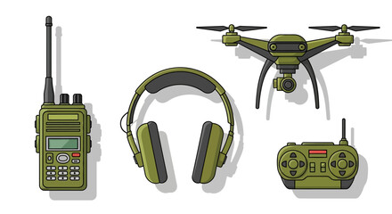 Set of military-grade communication devices, headphones, and drone with remote controller